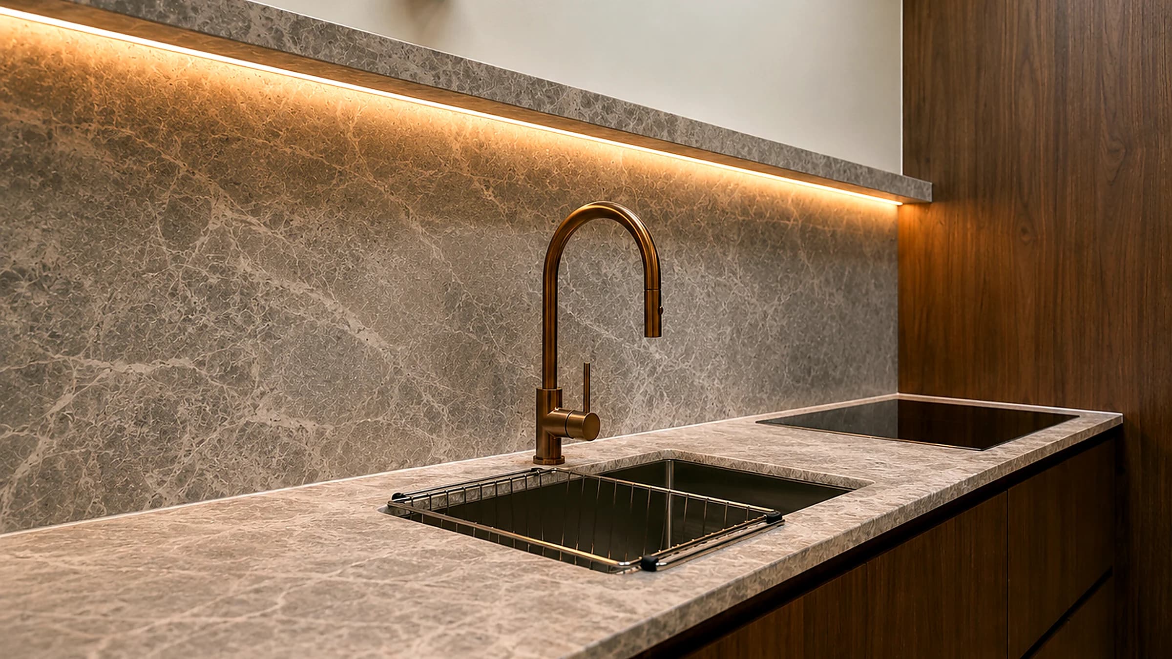 High-end kitchen plumbing installation with brass sink mixer